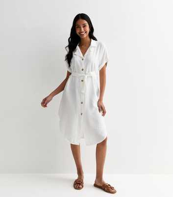 Gini London White Short Sleeve Belted Midi Shirt Dress