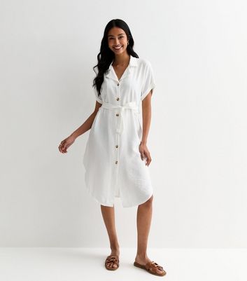 Gini London White Short Sleeve Belted Midi Shirt Dress New Look