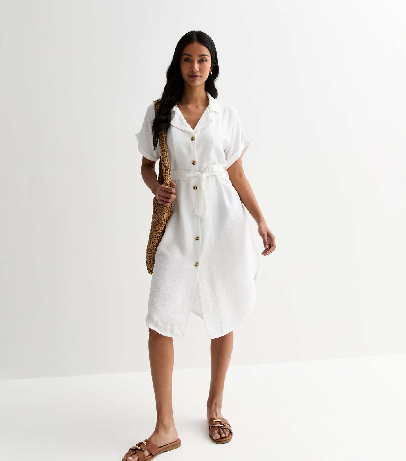 Gini London White Short Sleeve Belted Midi Shirt Dress Image 3