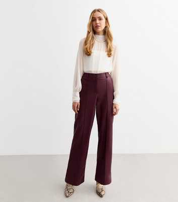 Burgundy Leather-Look Pintuck Wide Leg Tailored Trousers