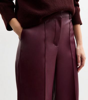 Burgundy Leather-Look Pintuck Wide Leg Tailored Trousers New Look