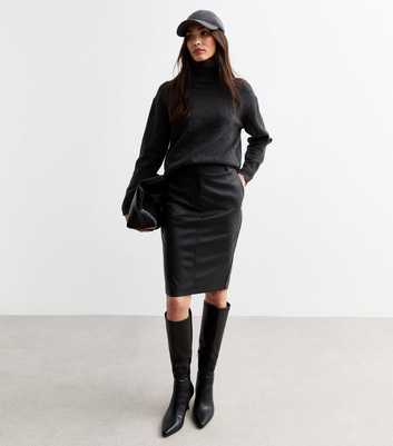 Black Knee Length Leather-Look Skirt