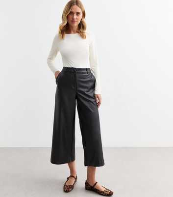 Black Faux Leather Wide Leg Culotte Trousers