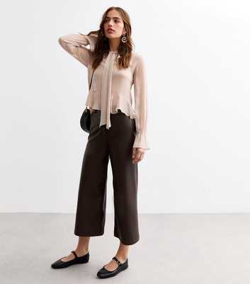 Brown Leather-Look Wide Leg Culotte Trousers