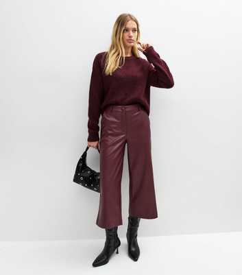 Burgundy Faux Leather Wide Leg Cropped Trousers