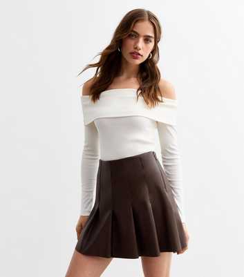 Brown Leather-Look Pleated Micro Mini Skirt 