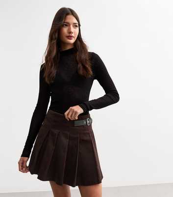 Brown Corduroy Belted Pleated Micro Mini Skirt