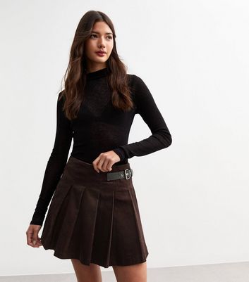 Brown Corduroy Belted Pleated Micro Mini Skirt New Look