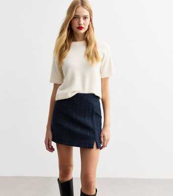 Navy Slit Hem Bouclè Mini Skirt