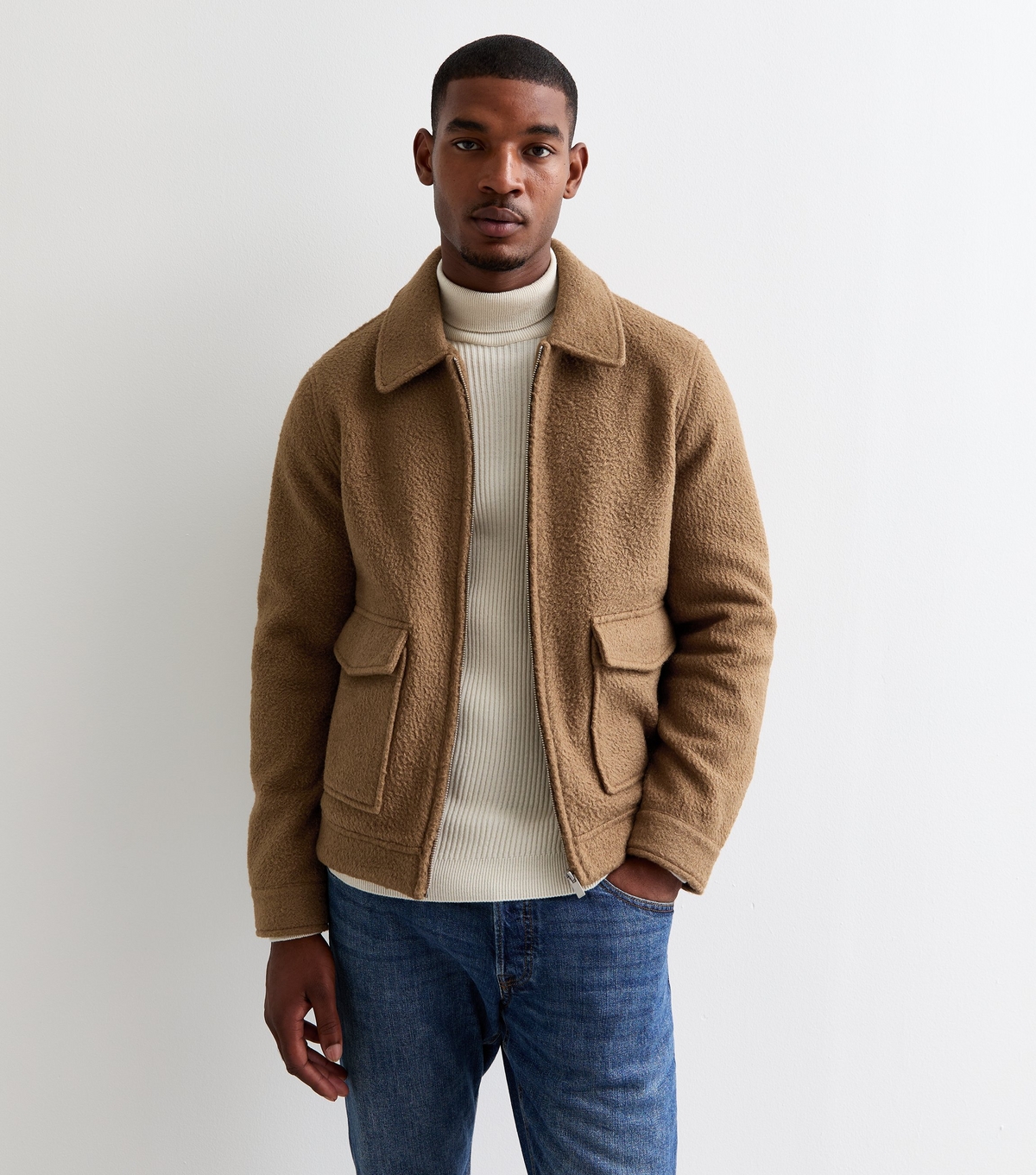 Men's Tan Regular Bouclé Zip Jacket New Look