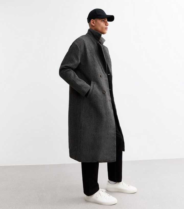 Black Regular Double Breasted Herringbone Coat New Look