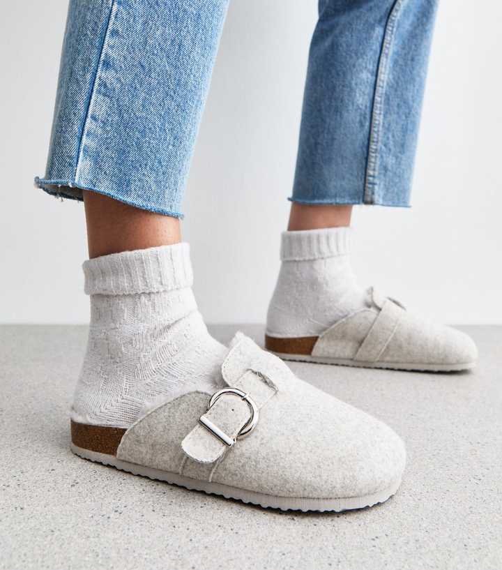 Grey Felt Faux Fur Lined Mules