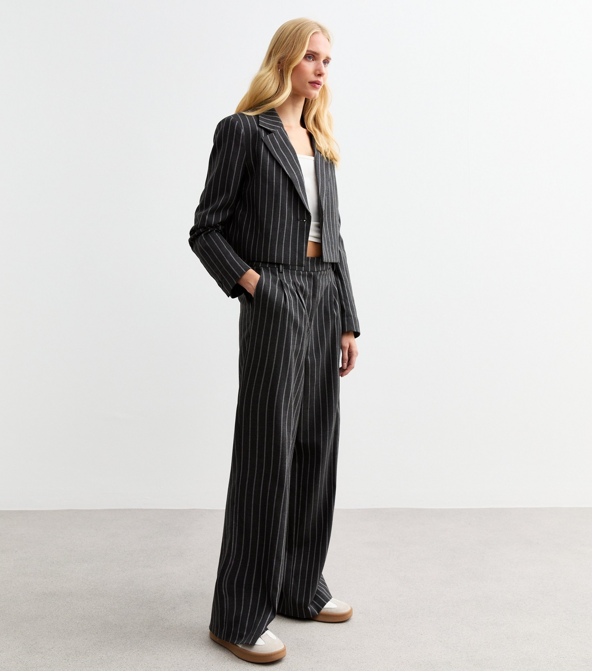 Women's Grey Pinstripe Wide Leg Trousers New Look