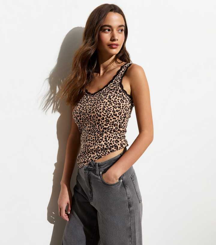 Brown Leopard Print Lace Trim Vest