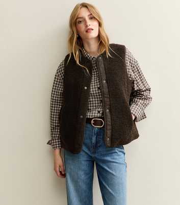Dark Brown Borg Sleeveless Gilet Jacket 