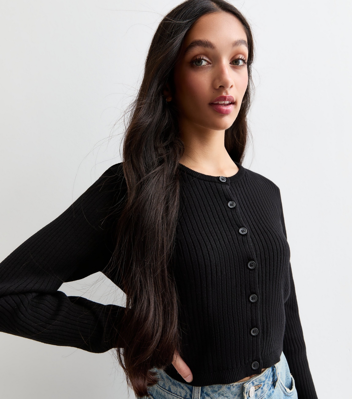Girls' Black Ribbed Cotton Crew Neck Cardigan New Look