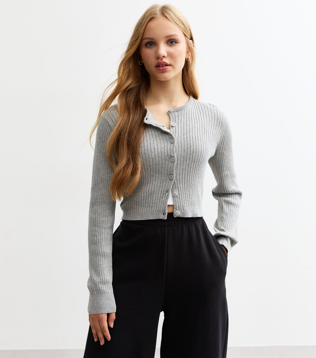 Girls' Grey Ribbed Cotton Crew Neck Cardigan New Look