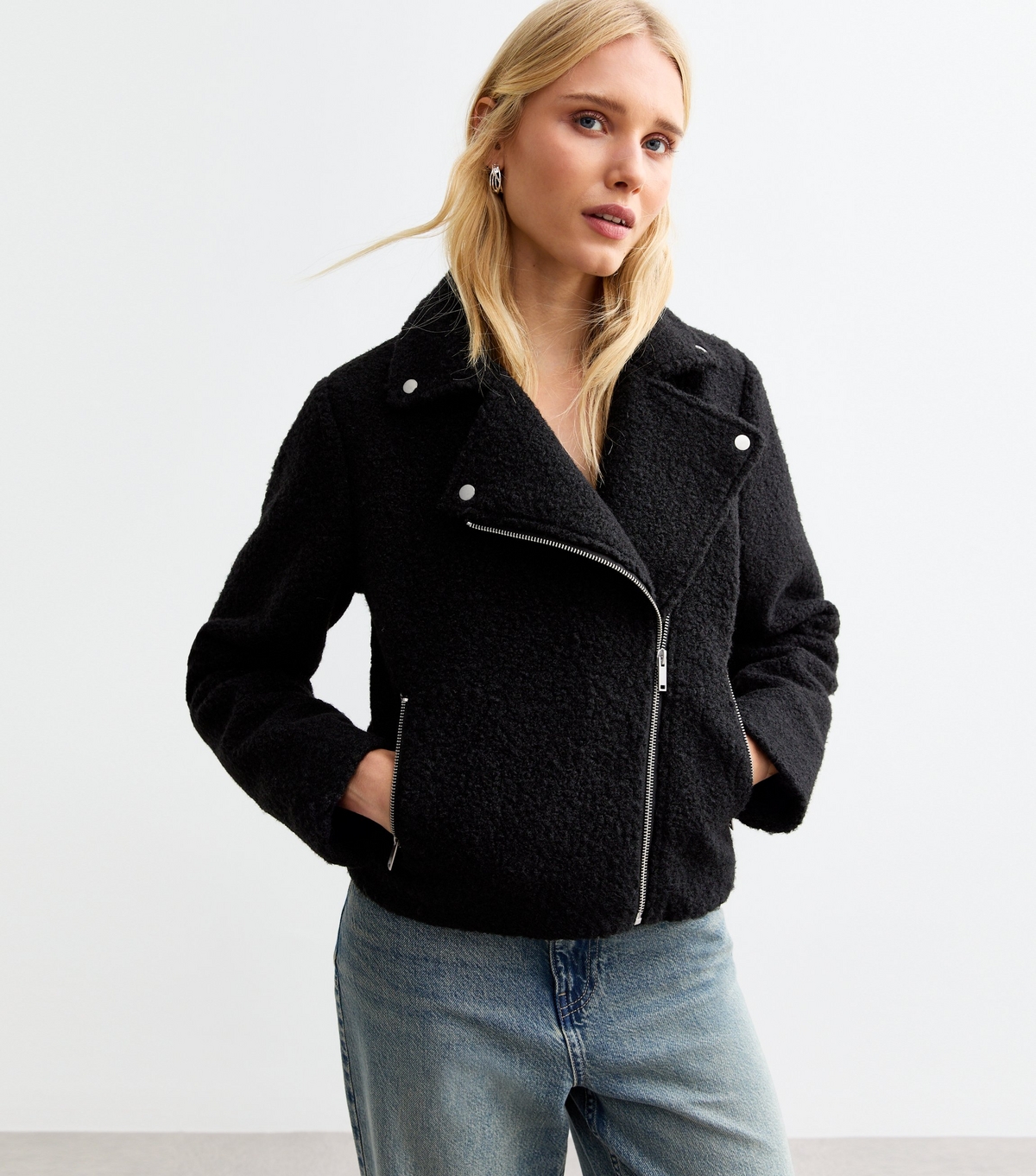 Women's Black Bouclé Biker Jacket New Look