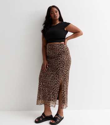 Curves Black Leopard-Print Mesh Midi Skirt