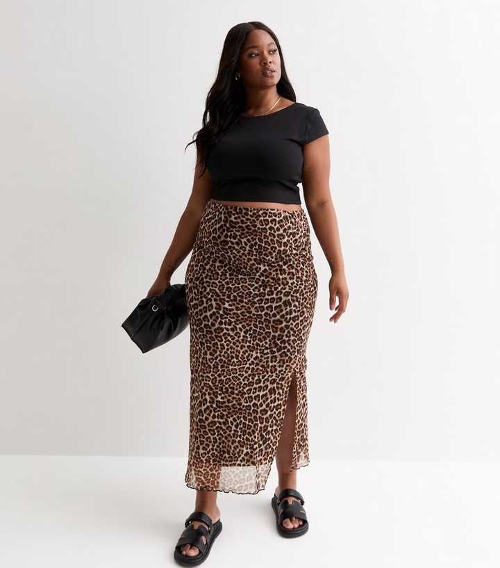 Leopard Print Plus Size Midi Satin Skirt Leopard Midi Skirt Animal