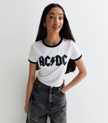 Girls White ACDC Logo Ringer T Shirt New Look