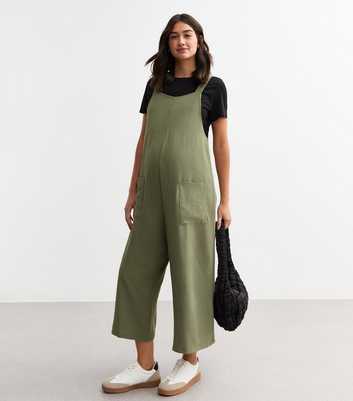 Maternity Khaki Dungaree Jumpsuit 