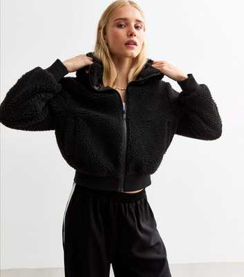 Black Hoody Cropped Teddy Jacket 