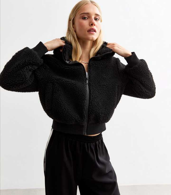 Black Hoody Cropped Teddy Jacket