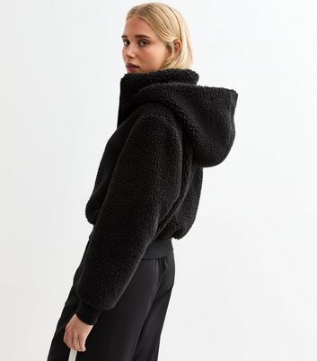 HOT Petite Cropped Teddy Jacket With Hood Black Hoody