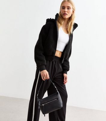 Black Hoody Cropped Teddy Jacket New Look