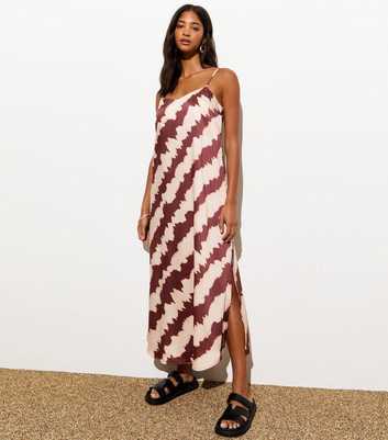 Brown Blurred Stripe Print Split Hem Midi Dress