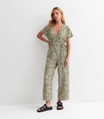 Green Geometric-Print V-Neck Wrap-Front Jumpsuit | New Look
