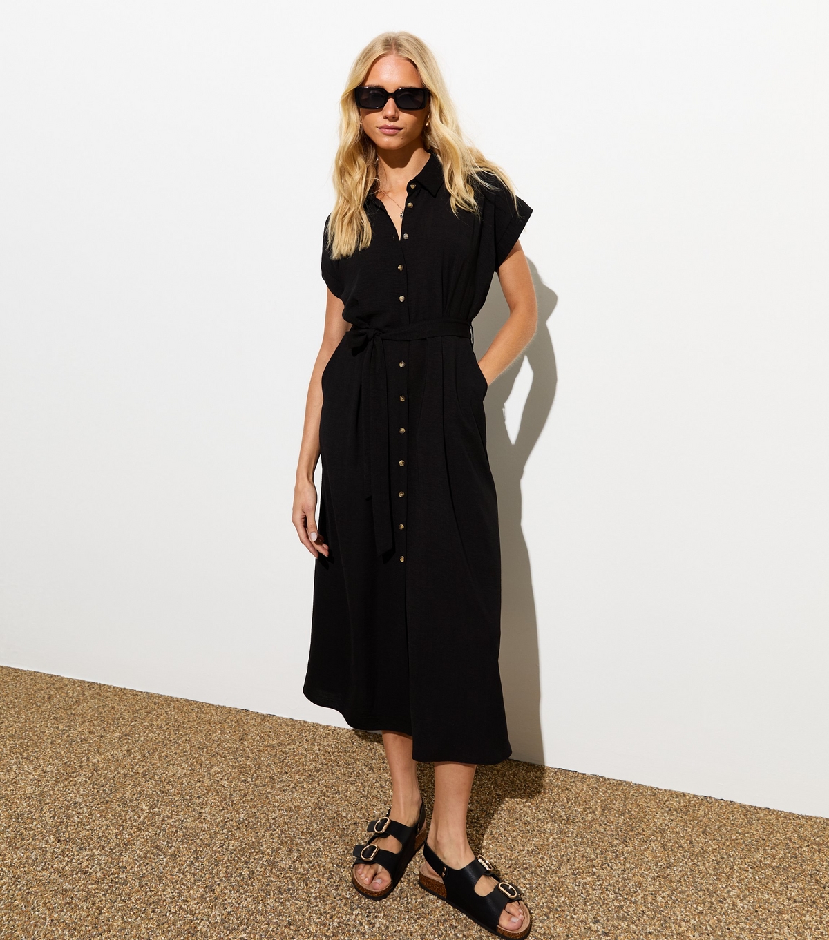 Women's Black Button Through Belted Midi Shirt Dress New Look