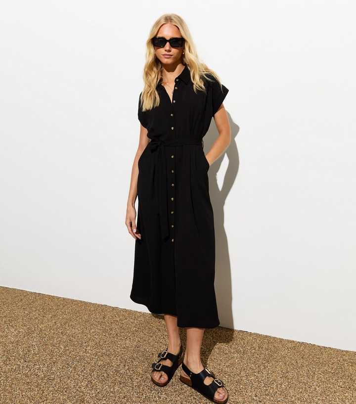 Black Button Through Belted Midi Shirt Dress | New Look