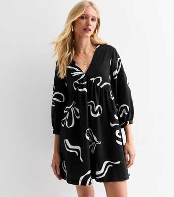 Black Abstract-Print V-Neck Mini Dress