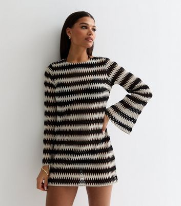 Black Stripe Crochet Flared Sleeve Mini Beach Dress New Look