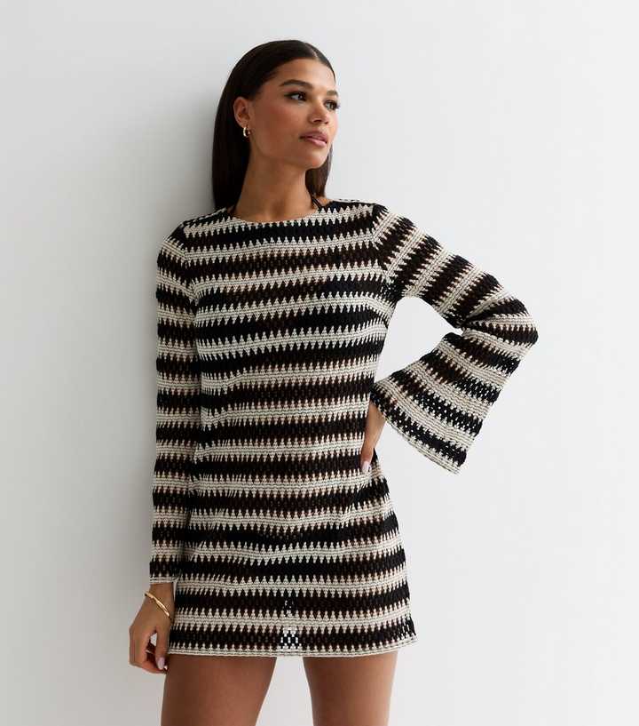 Black Stripe Crochet Flared Sleeve Mini Beach Dress