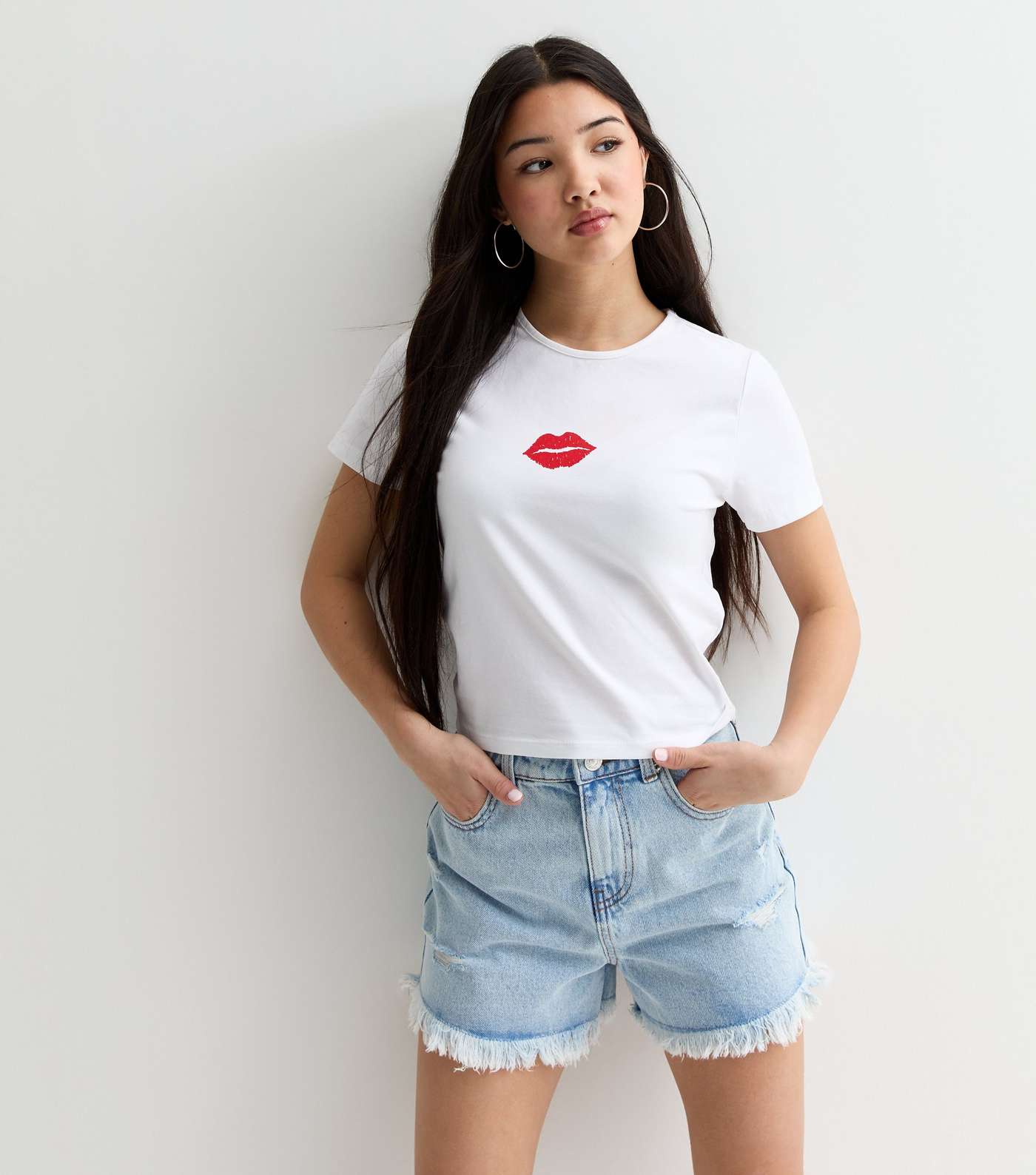 Girls White Lips Stretch Cotton T-Shirt  Image 2