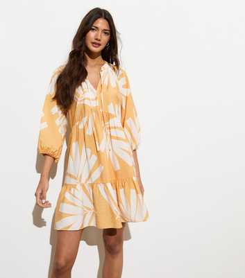 Yellow Palm-Print V-Neck Tiered Mini Dress