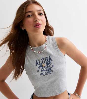 Girls Grey Aloha Embroidered Cotton Blend Vest Top