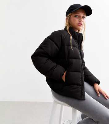 Girls Black Funnel Neck Puffer Jacket