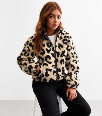 Girls Stone Leopard Print Borg Jacket