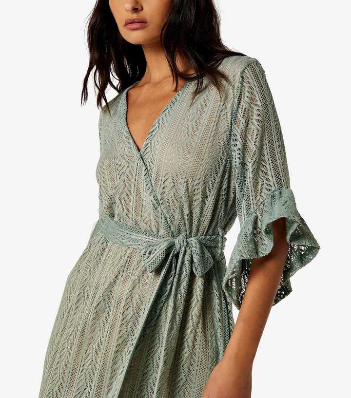 Apricot Mint Green Lace Wrap Midi Dress