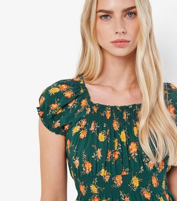 Apricot Green Rose Print Milkmaid Midi Dress New Look