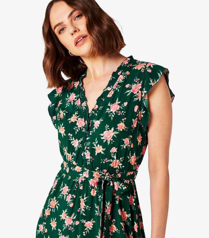 Apricot Green Rose Print Ruffle Midi Dress