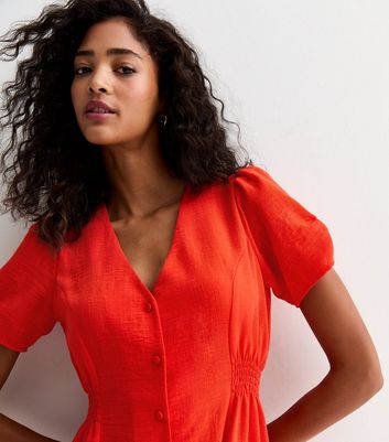 Red Button Through Midi Tea Dress New Look