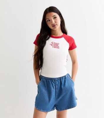 Girls Red Embroidered NY Slogan Raglan T-Shirt