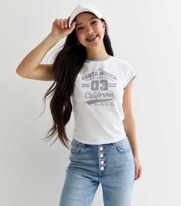 Girls White Santa Monica Print Ringer T-Shirt