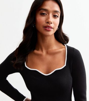 Petite Black Sweetheart Neck Tipped Knit Jumper | New Look