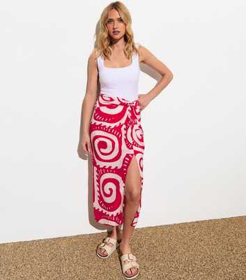 Red Swirl Print Sarong Midi Skirt